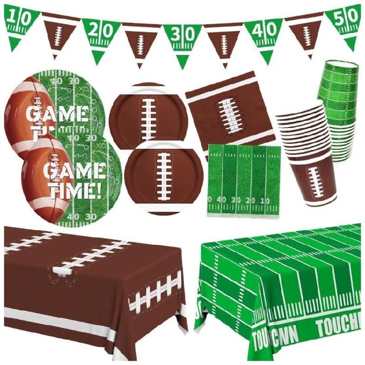 

72 Piece Comprehensive Football Championship Celebration Decorations With Bold Stadium Designs On Dishware And Extended Plastic Tablecloths 1