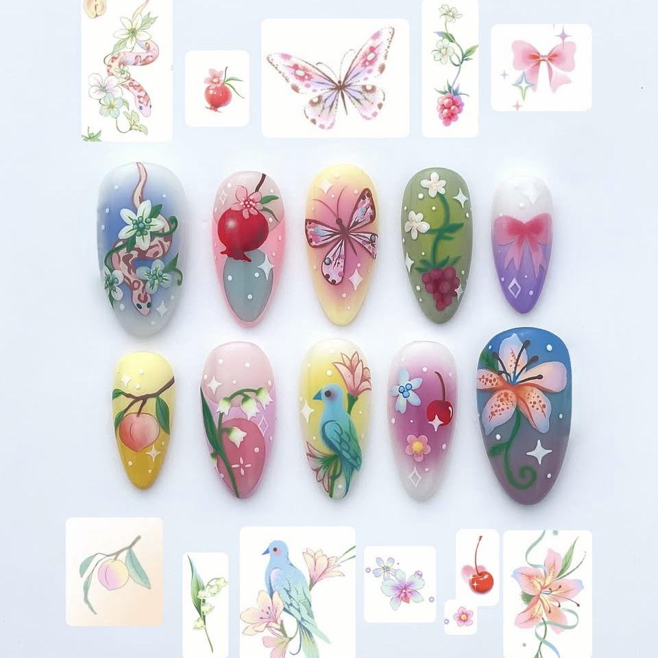 24PCS Sweet Green Flower Almond Press On False Nails Cute Cartoon Rabbit Bow Plaid Stiletto Fake Nails for Women Simple Ins Nail