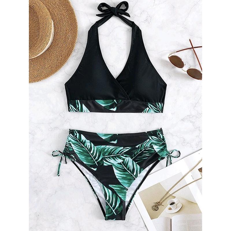 

Женский купальник пэчворк с принтом листьев, сексуальный комплект бикини с V-образным вырезом, купальник халтер без спинки, пуш-ап, со шнуровкой, пляжная одежда XL зелёный