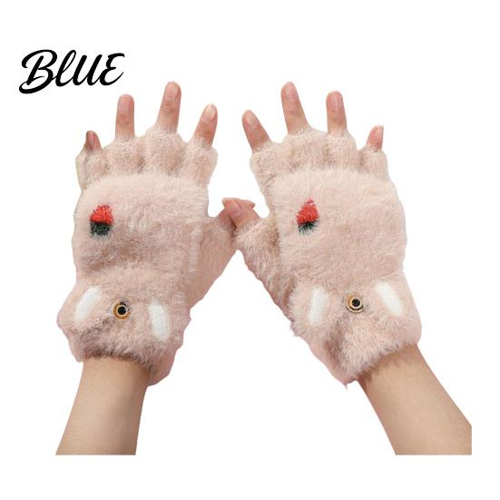 Fingerless Gloves with Flap Cover Furry Cat Paw Thermal Gloves Flip Top Mitten Button for Women Winter Cozy Outdoor Cold Weather Plush Half
