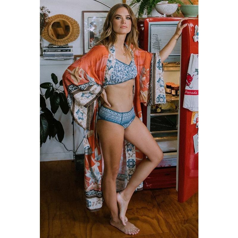 Women Floral Print Kimono Cover Up Boho Long Sleeve Sheer Beach Kimono with Belt