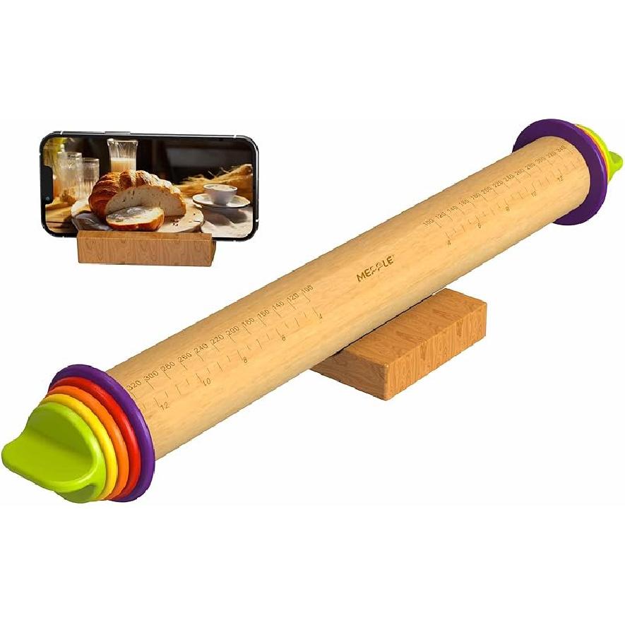 Rolling Pin with Thickness Rings for Baking,Fondant, Pizza, Pie Crust, Cookie, Pastry, Roller Rod for Dough Thickness, 13.6" Adjustable Wooden