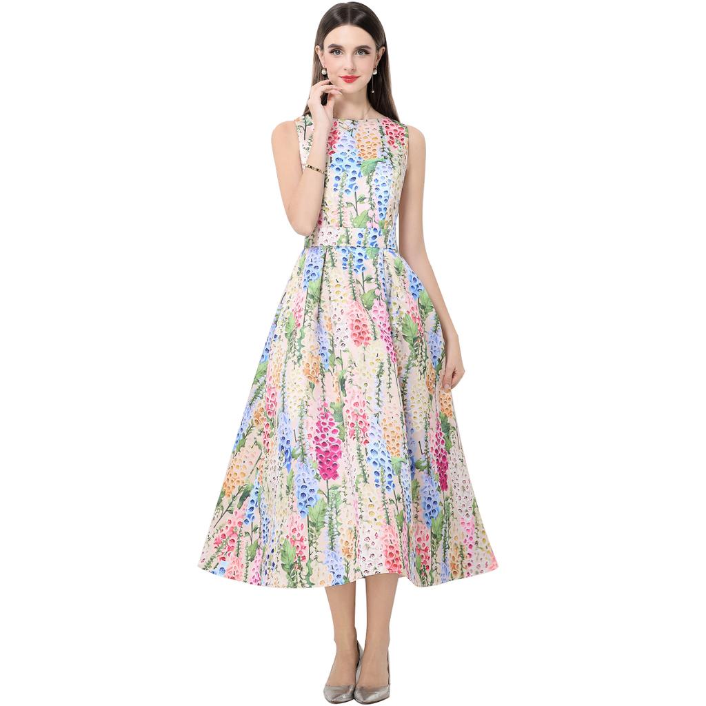 Summer Women Designer Print Dress Sleeveless High Waist Long Maxi Big Swing Tank Party Dresses