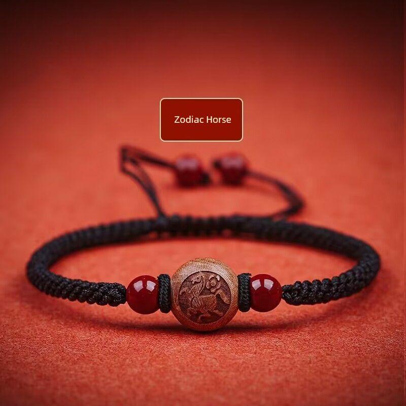 Peachwood Zodiac Red Rope Bracelet Men's Lucky Beads Woven Hand Strap Girls Kids Natural Cinnabar Bracelet Snake