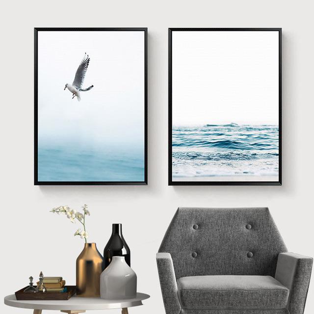 Blue Sea And Sky Nordic Landscape Canvas Painting Free Seagull Waves Beach Art Poster Living Room Cuadors Decor Seabirds Wall