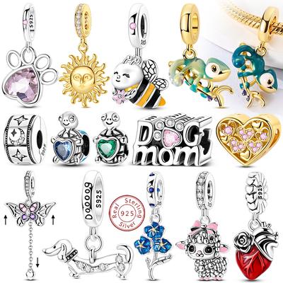 925 Silver Charms Bead Gold Chameleon Turtle Cat Pendants for DIY Bracelet Jewelry Gift Women