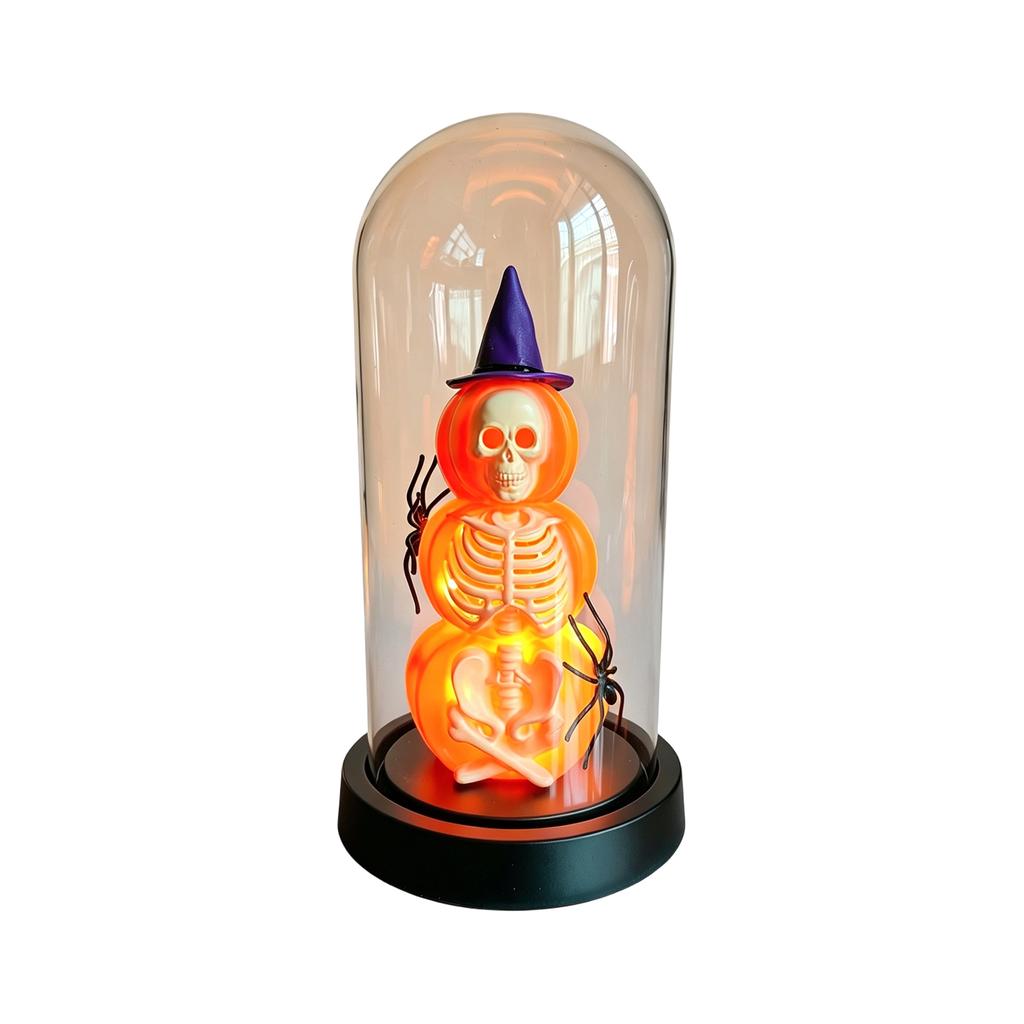Halloween Pumpkin Skeleton Figurine Decoration Under Glass Dome with Spider Accents Battery Operated Halloween Scene Prop for Seasonal Display