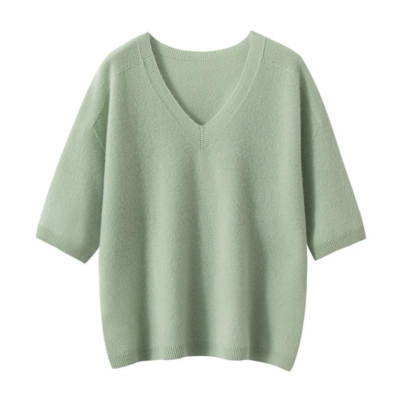 Women's V-Neck Short Sleeve Cropped Cashmere Sweater - Loose Knit Base Layer for Autumn/Winter