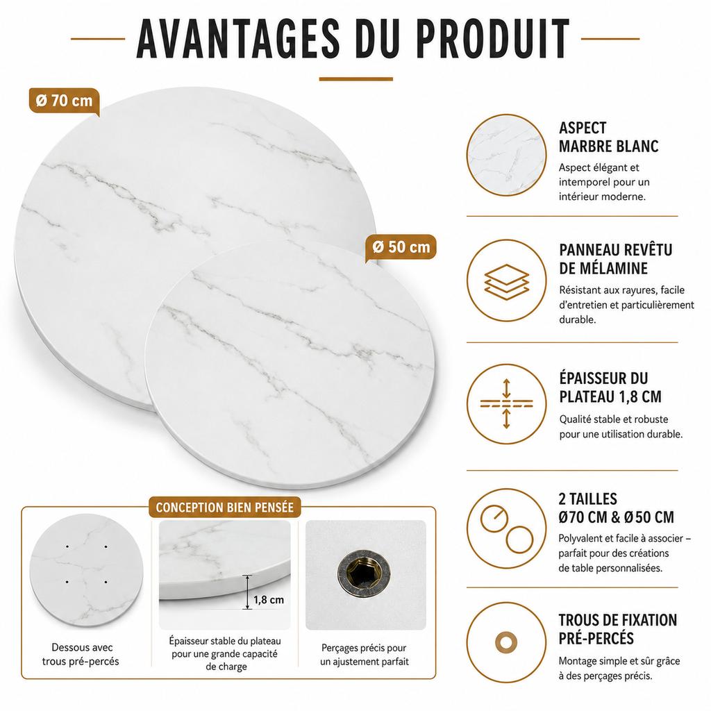 Elegant round table top in white marble look, 2 sizes diameter 70 cm & diameter 50 cm, durable melamine surface