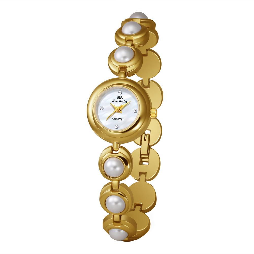 BS Pearl Bracelet Women Watch Quartz Wristwatch Stainless Steel Band Round Ladies Dress Clock Luxury Reloj Mujer Montre Femme