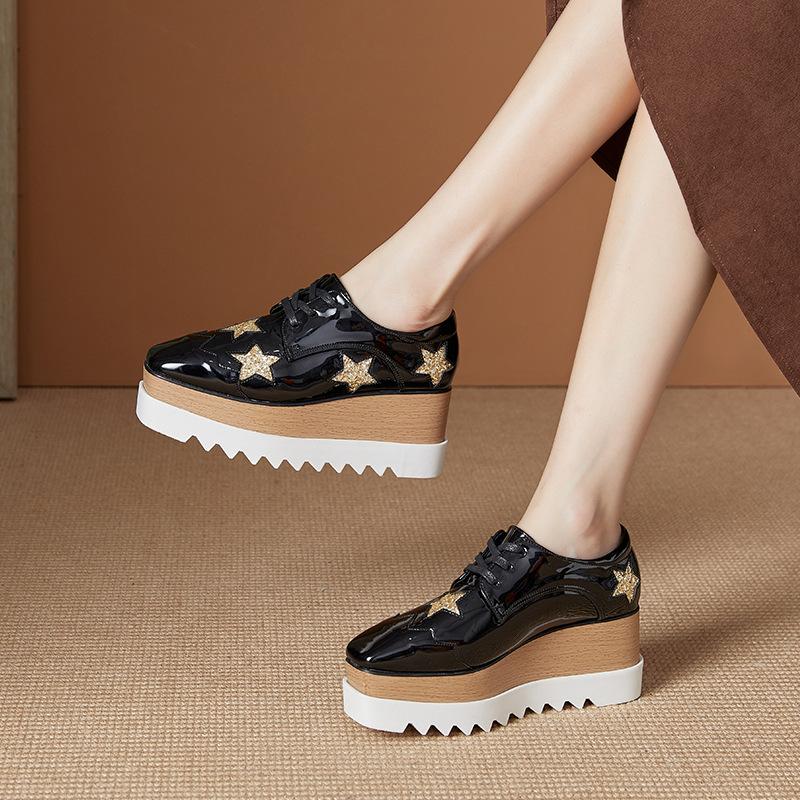 Versatile 2025 Autumn New Star Platform Muffin Sole Casual Shoes Lace-up Wedge Single Shoes Women's British Style HZB-763-3