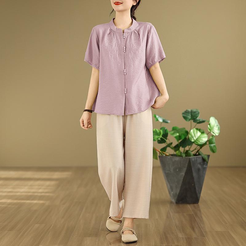 2025 Summer Tencel Cotton Linen Short Sleeve Chinese Embroidery Top & Wide Leg Pants Set