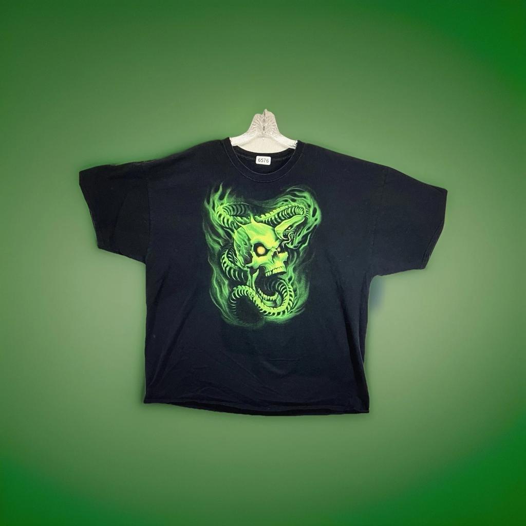 Green Skulls Snake T-Shirt Grunge Emo Mallgoth Y2K Mens 2XL Faded Black Tribal
