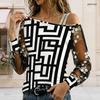 Women Plus Size Asymmetric Cold Shoulder Geometric Printed Long Sheer Floral Sleeve T Shirt