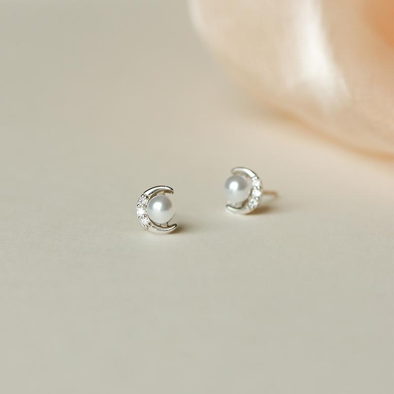 

925 Sterling Silver Crytal Moon Pearl Stud Earrings For Woman Christmas Gifts Piercing Jewelry Aretes De Mujer Party Gift серебряный