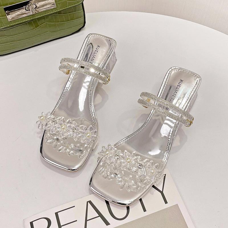 Fashion 2025 Women's Sandals Crystal Heel Chunky Summer New Two-Way Wear Diamond Outerwear Rubber Bottom Square Toe Polyurethane Lined