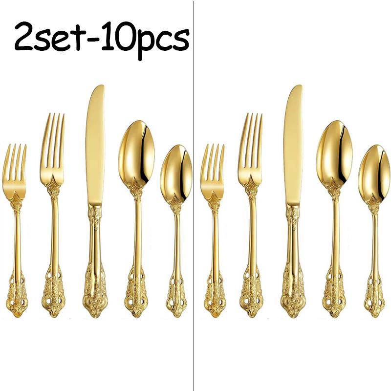 

Наборы столовых приборов из нержавеющей стали, высококачественные ножи, вилки и ложки, наборы столовых приборов, позолоченная посуда с цветочным узором, прямые поставки