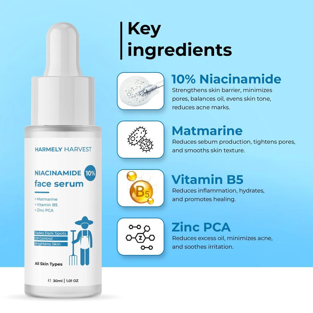 HARMELY HARVEST Niacinamide 10% Face Serum | For Oil Control, Pores & Bright Skin | With Matmarine, Vitamin B5 & Zinc PCA (30ml) + AHA BHA PHA 8%