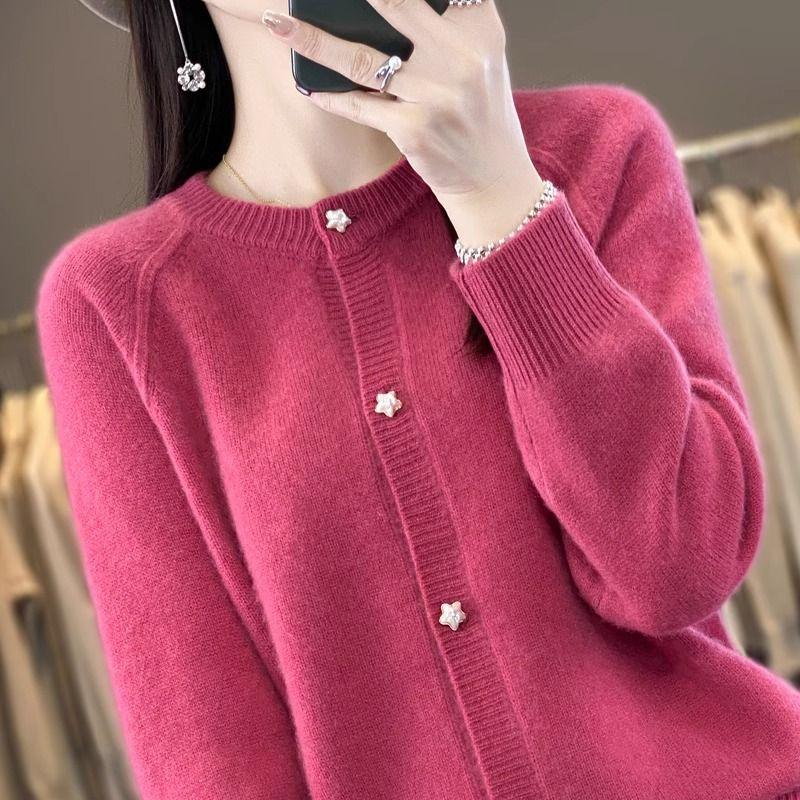 Women's Lazy Style Crew Neck Star-Button Knit Cardigan Sweater Undershirt Jacket
