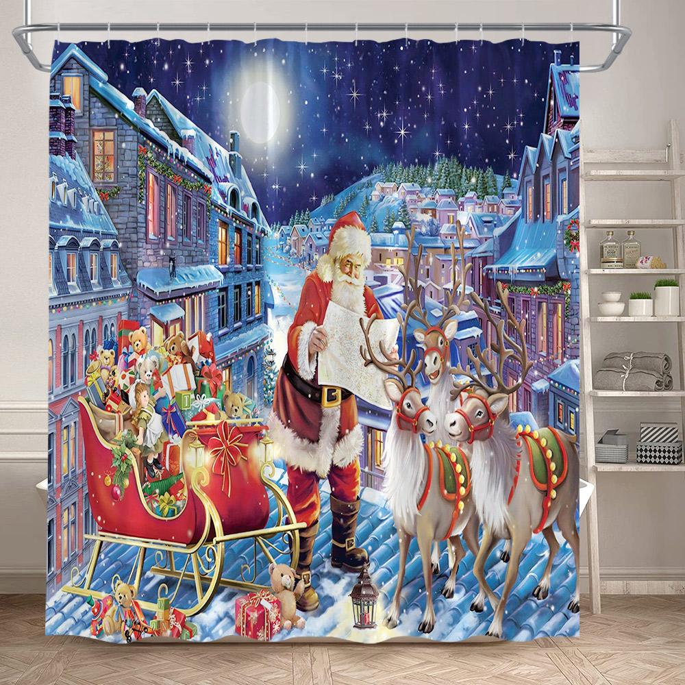 Winter Christmas Shower Curtains Funny Santa Claus Reindeer Snowman Red Xmas Balls Snow Home Bathroom Curtain Decor With Hooks