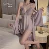 Gorgeous Ice Silk Plus Size Pajamas Set with Chest Pads & Bow - Sleep Dress & Outer Robe P3945