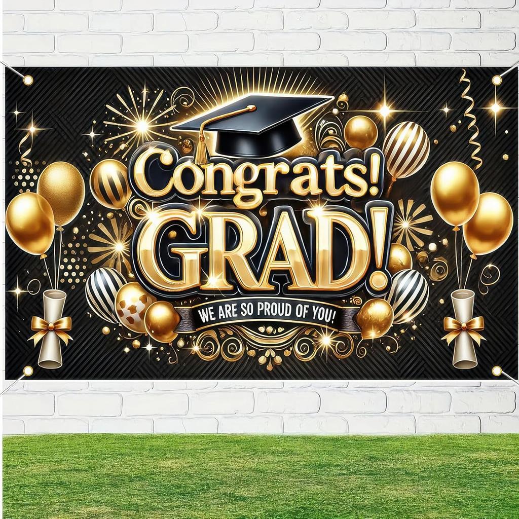 Graduation Banner Congratulations Class of 2025 Gold and Black Graduation Backdrop Supplies 71*43 Inches