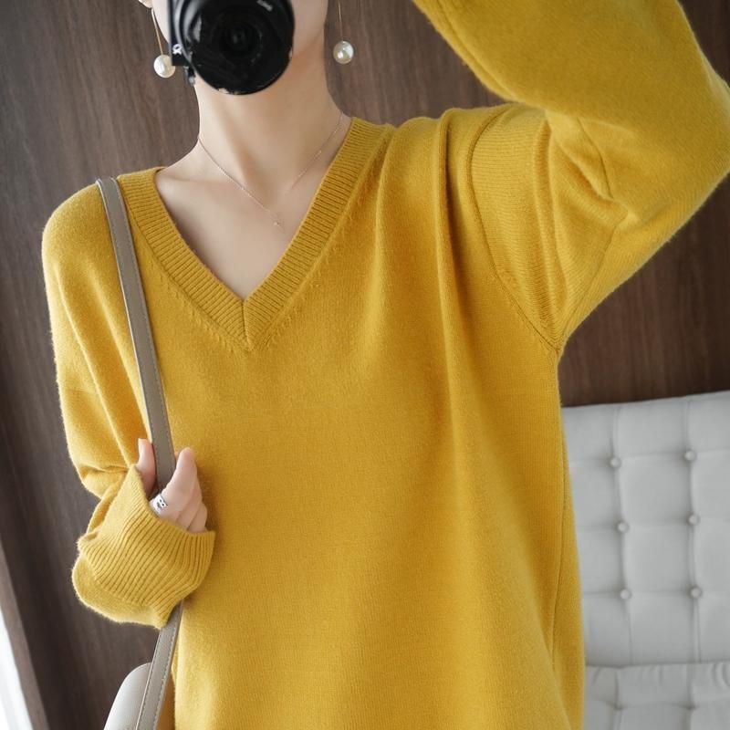 

Осень и Зима Большой Размер Свитер Куртка Свободный Дизайн Средней Длины V-образный Вырез Вязаный XXXL жёлтый