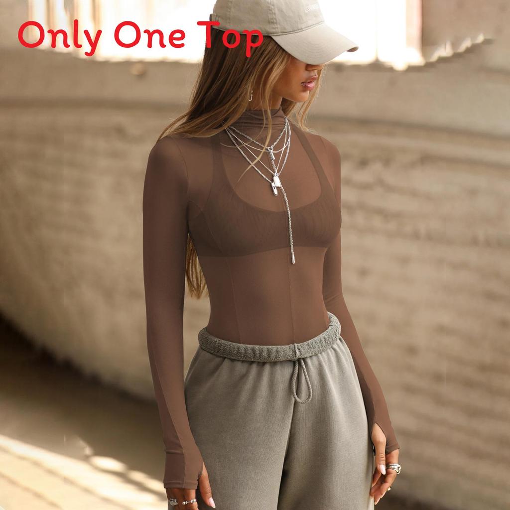 Long Sleeve Mesh Top With Semi High Neck For Streetwear And Party Wear