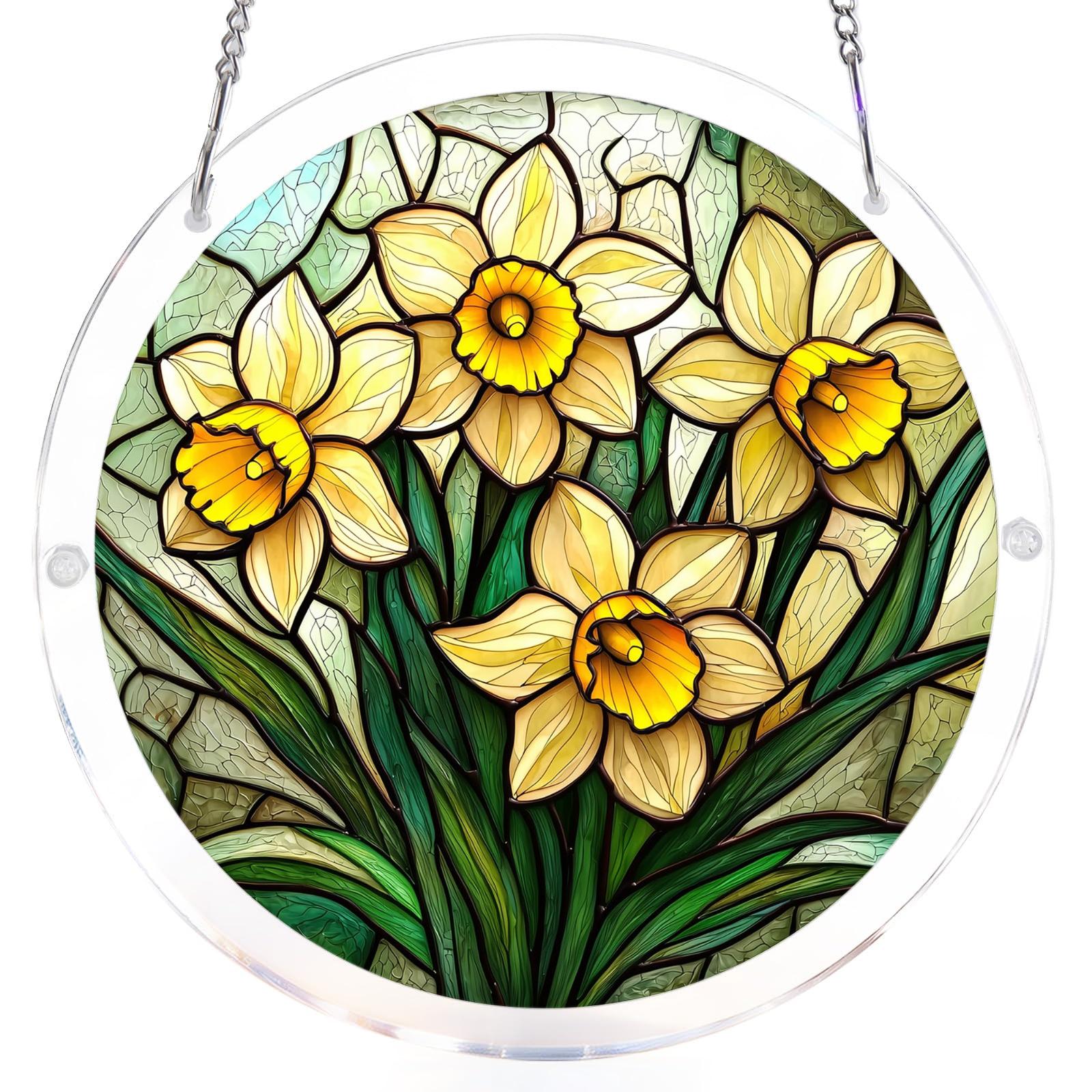 

Round Stained Glass Panel with Landscape Forest Path Design Hanging Window Art Suncatcher for Home or Office Decor One Size