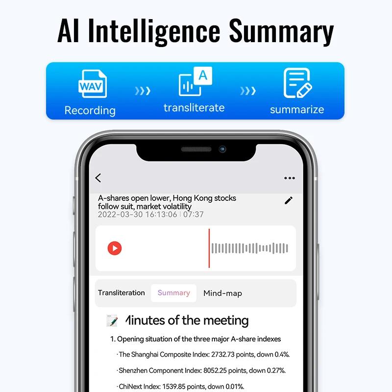 Mini Intelligent Ai Voice Recorder Real-time Transcription Simultaneous Languages Translator Summary Audio Dictaphone Mp3 Player