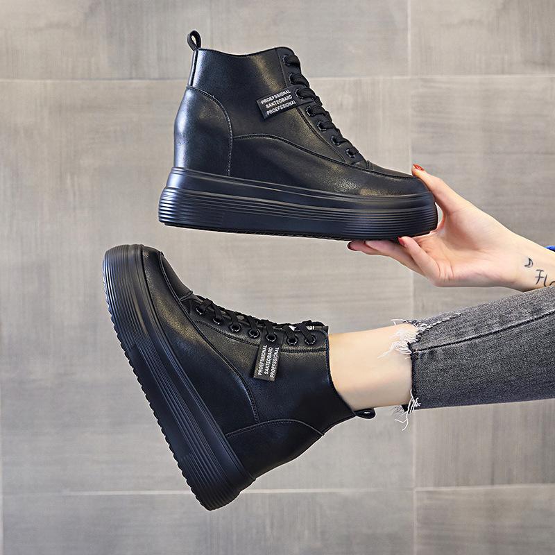 New women's inner height increase leather popular versatile non-slip breathable horse west boots women's platform casual high-top shoes