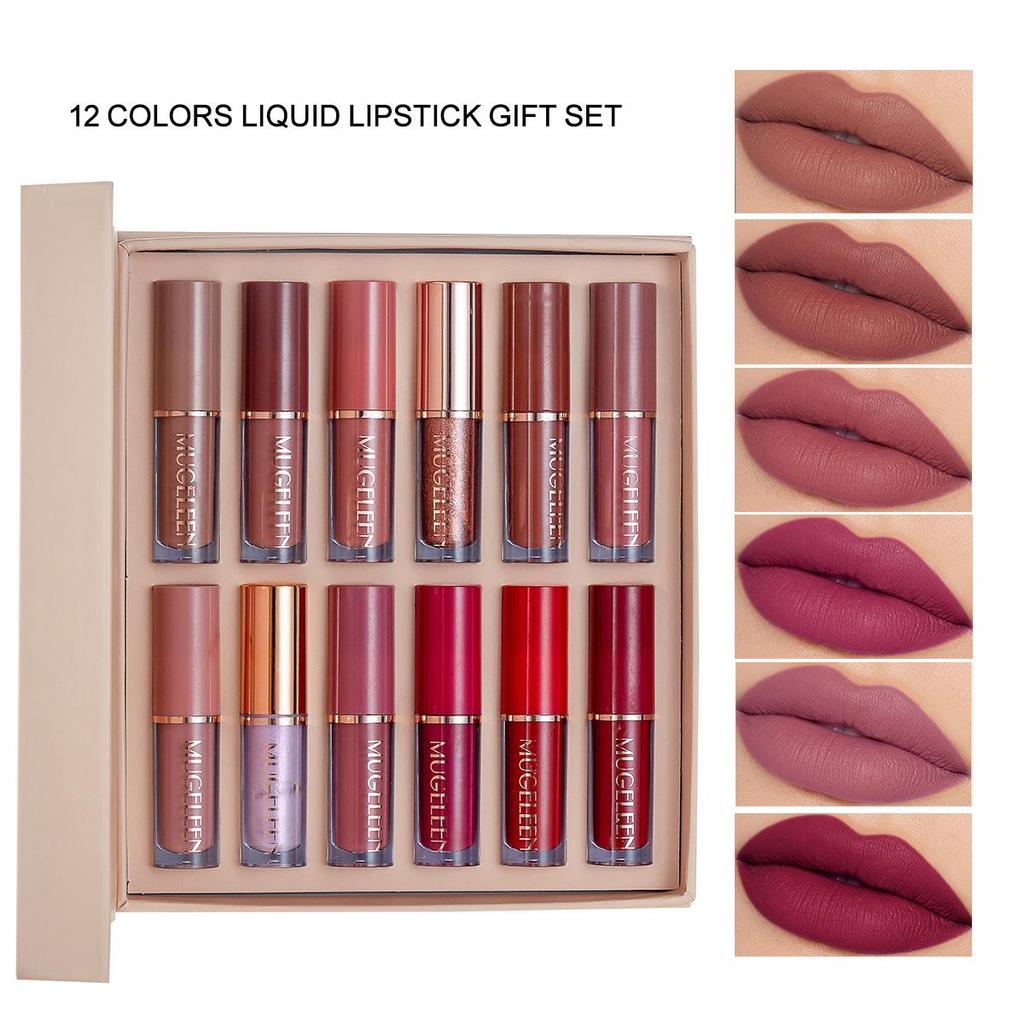 12-Piece Matte & Shimmer Lip Gloss Set: Non-Stick, Long-Lasting, European & American Style