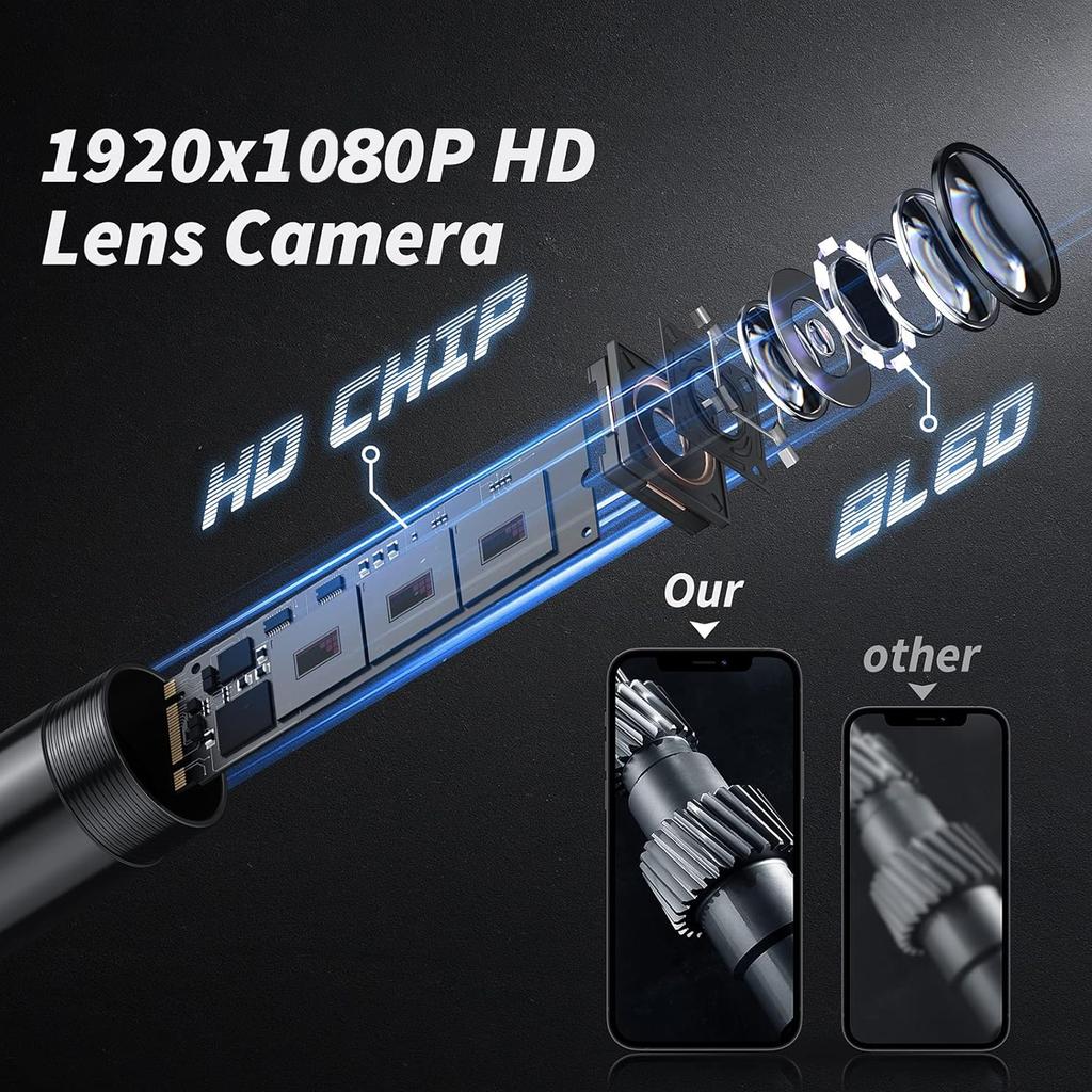 1920P HD Endoscope Camera 164ft Semi Rigid Snake 8 Adjustable LED Lights IP67 Waterproof Borescope for iOS Android