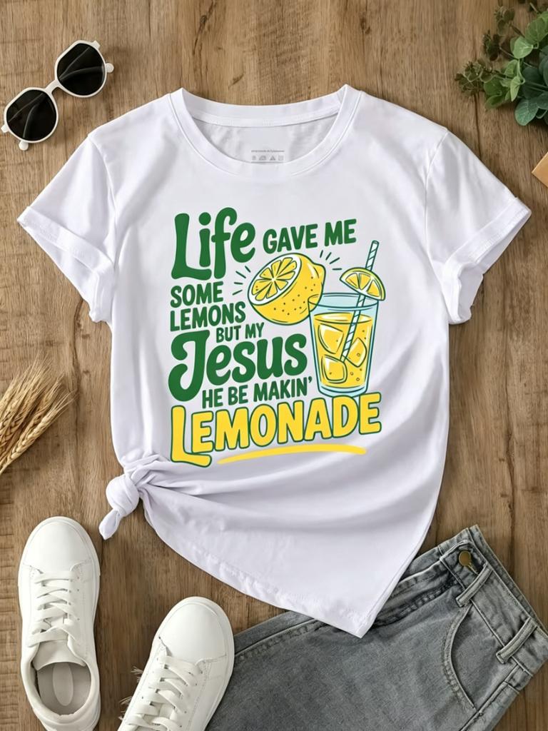 Life Gave Me Lemons But My Jesus Makes Lemonade Print Tshirt Funny Christian Lemonade Graphic Short Sleeve Tops Unisex Casual Tee