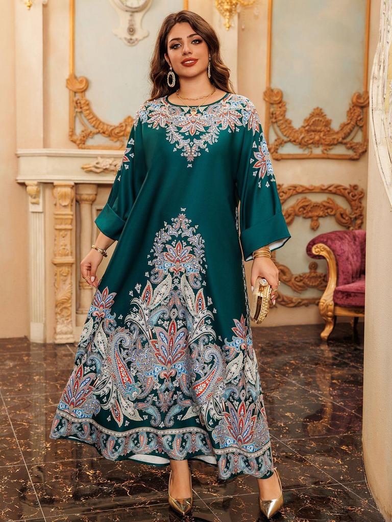 AB400 Muslim Fashion Floral Dress with Hot Drill Embellishments - Middle Eastern Style Robe for Women