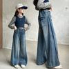 Autumn Tween Girl Dark Blue Jeans Foldable Wide Leg Denim Pants Kids Child Spring High Waist Jeans Trousers Age 4 To 14 Y
