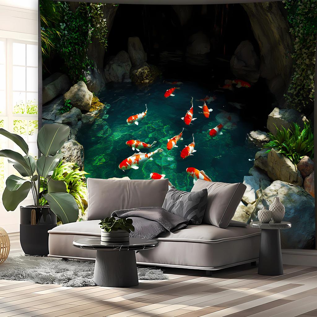 Japanese Style Koi Tapestry, Swimming Carp And Lush Plants, Peaceful Wall Decor For Living Room Dorm