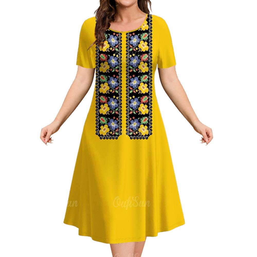 New Design Women's Dresses Ethnic Print Elegant And Beautiful Midi Dresses Plus Size Female Short Sleeve Dress Summer