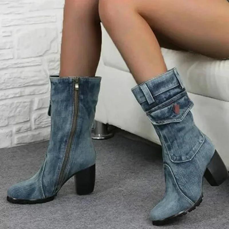 Cowboy Women's Boots 2025 Autumn and Winter New Pointed Denim Style Casual Temperament High Heels Single Shoes Zapatos De Mujer