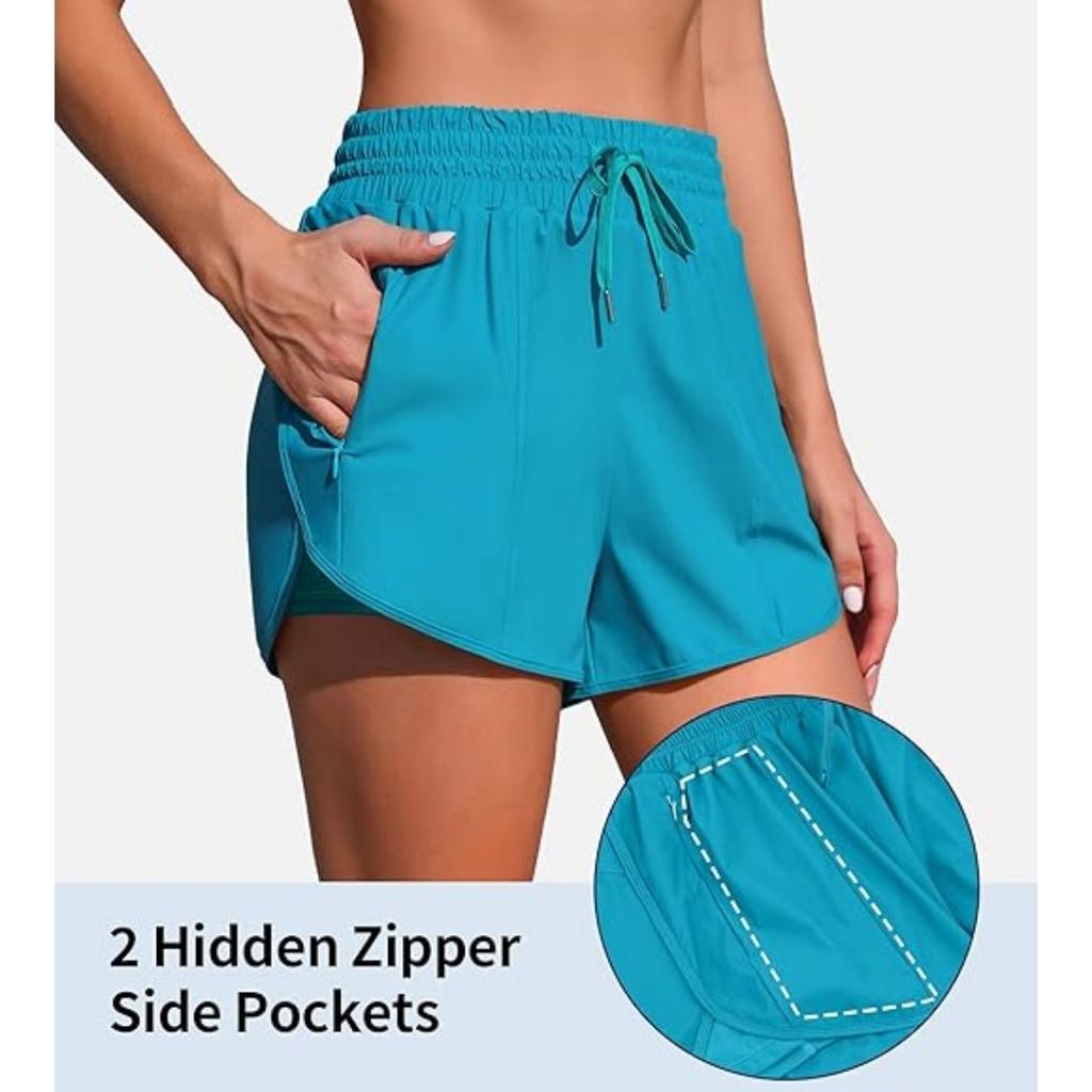 CHARMLEAKS Women's High Waisted Swim Shorts Drawstring Board Shorts with Zipper Pockets Liner