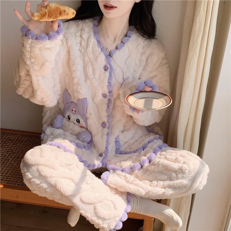 Autumn/Winter Coral Velvet Pajamas for Women Warm Casual Flannel with Velvet Thickened Can Be Worn Outside The Home Suit
