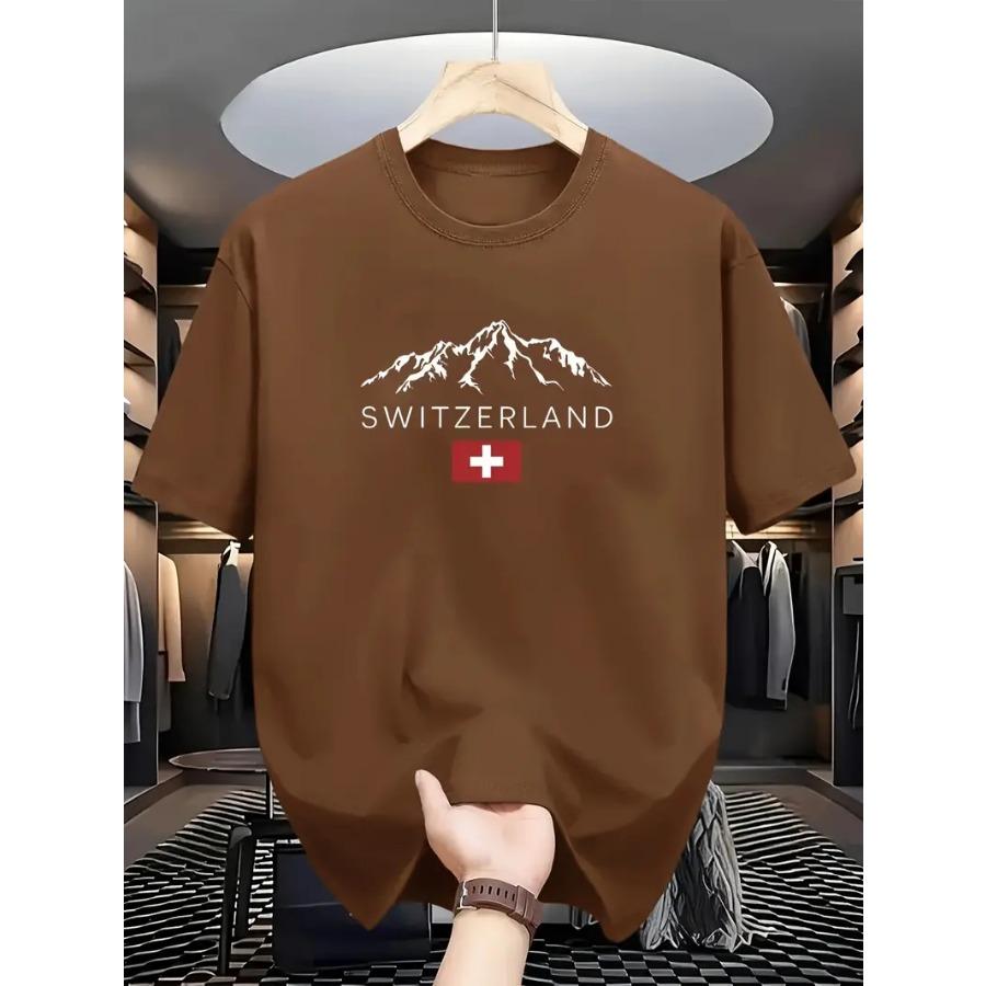 Men's Cotton Casual T-shirt, Round Neck Short Sleeved, Printed with Swiss Mountain Pattern, Regular Style, Slightly Elastic, Suitable for All Seasons