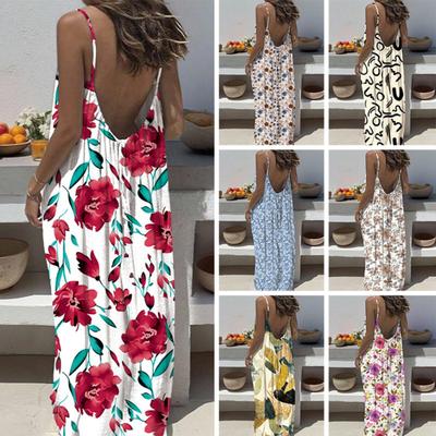 Women Long Slip Dress Breathable Summer Floral Print Casual Sleeveless Dress Spaghetti Strap Loose Swing Hem Ankle Length Beach Dress