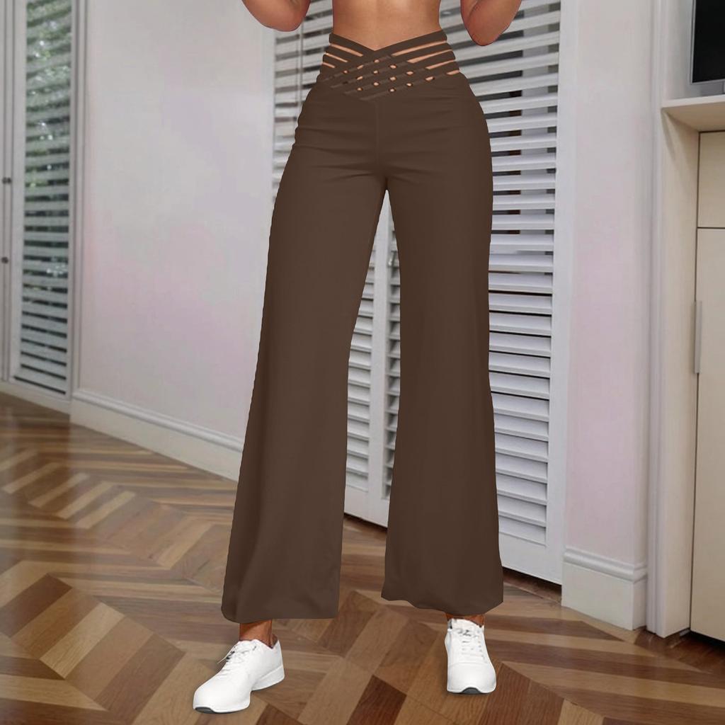 Damenhose mit hohlem Gürtel, Temperament, Schlaghose, hohe Taille, lässige Hose mit weitem Bein