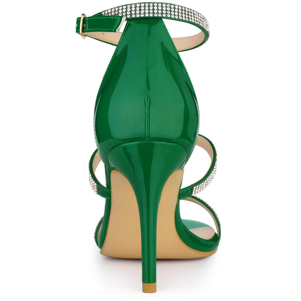 Allegra K Women's Ankle Strap Sandals, High Heels, Rhinestones, T-Strap, Green, Size 23.5cm