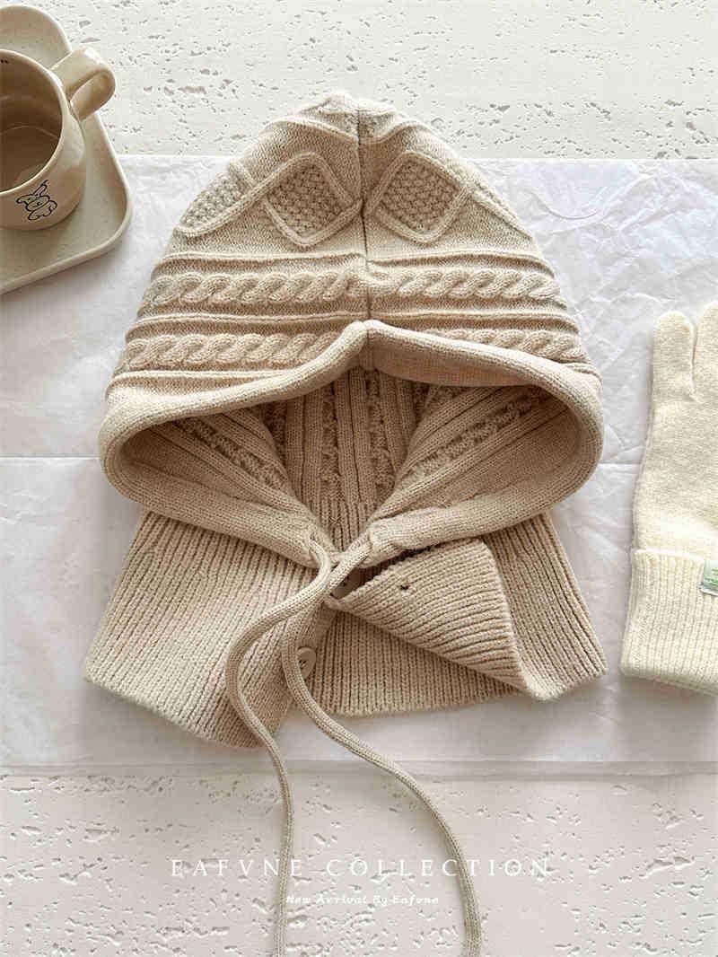 

Корейская зимняя вязаная шерстяная балаклава: Женский теплый шарф и шапка для защиты ушей бежевый