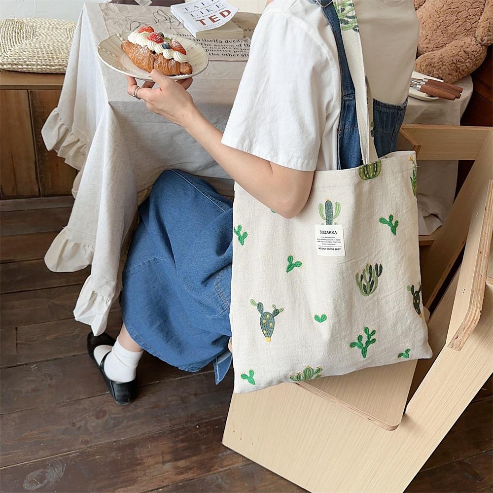 Stylish Large Capacity Canvas Tote Bag With Embroidered Cactus For School And Daily Use
