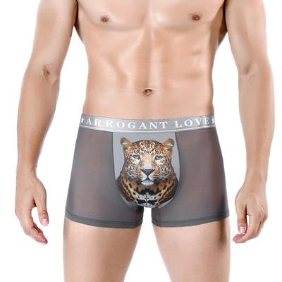 Pánské boxerky s potištěným síťovinou trendy pánské leopardí potisk léto ledově chladné prodyšné čtyřrohové krátké spodní prádlo hlava
