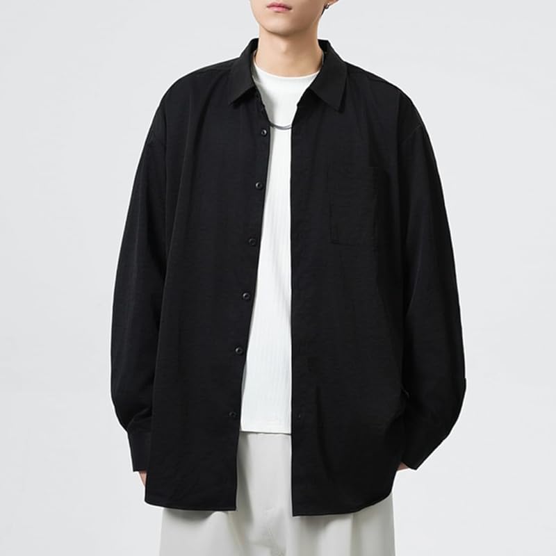 [ODFMCE] men's shirt long sleeve spring Relaxing Plain color Fashionable casual large size (JP, alphabet, 3XL, black)