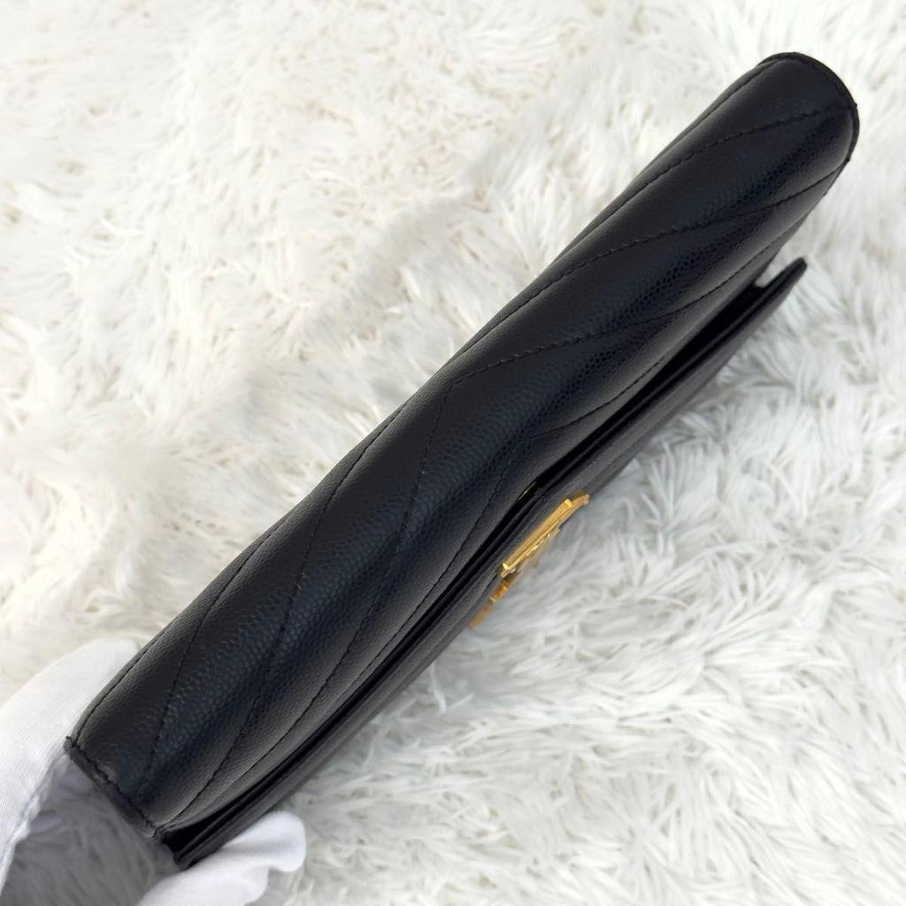 Used SAINT LAURENT Saint Laurent Large Flap Long Wallet Cassandra Black Black V Stitch